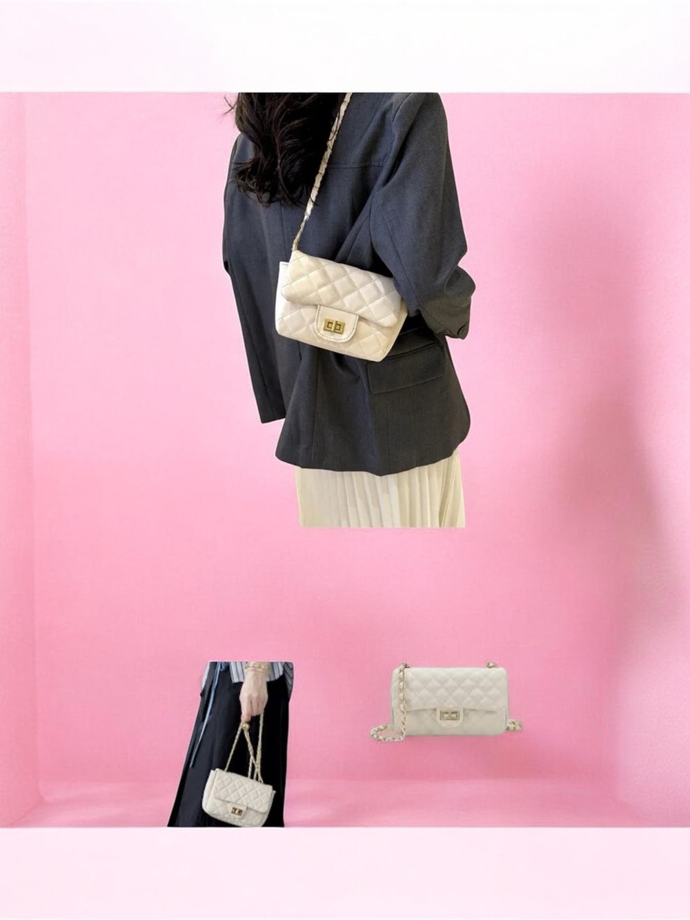 Quilted Ivory Chain Shoulder Bag - Elegant Everyday Crossbody